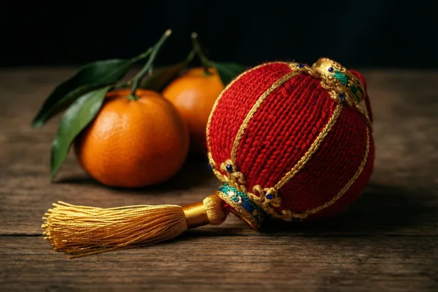 Een klein rood gebreid lantaarntje met een gouden kwastje staat op een houten tafel naast twee mandarijnen met groene blaadjes, tegen een donkere achtergrond.