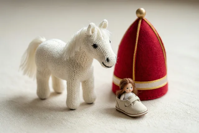 Een gebreid wit paard staat naast een kleine rode mijter en een piepklein wit schoentje op een lichte stoffen ondergrond.