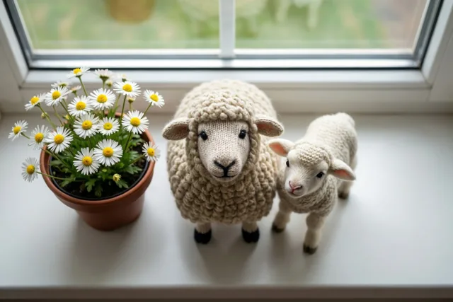 Een gebreid schaap en een gebreid lammetje zitten op een witte vensterbank naast een pot madeliefjes, verlicht door daglicht uit het raam.