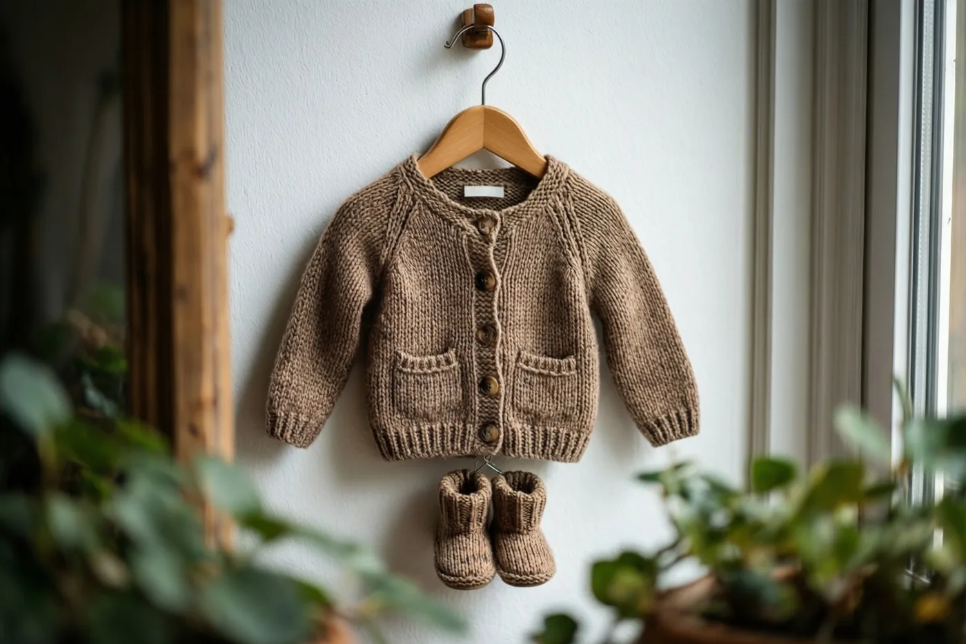 Een klein gebreid vestje en bijpassende slofjes hangen aan een houten kleerhanger tegen een witte muur, met planten op de voorgrond en zacht raamlicht.