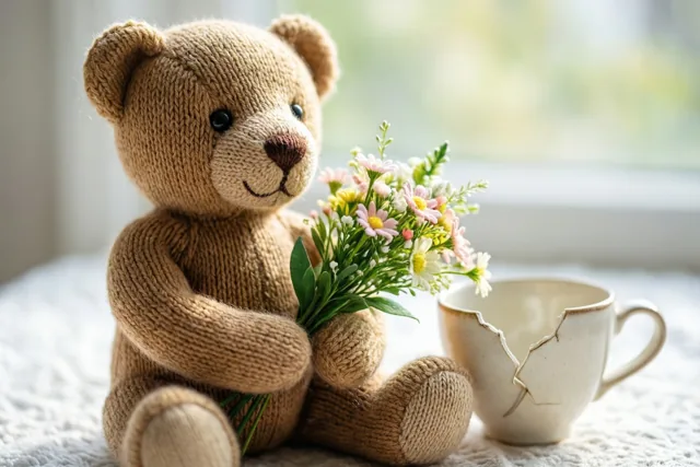 Een gebreide teddybeer zit met een boeketje roze en witte bloemen naast een gebarsten keramieken kop op een witte ondergrond met structuur, met daglicht van een raam op de achtergrond.