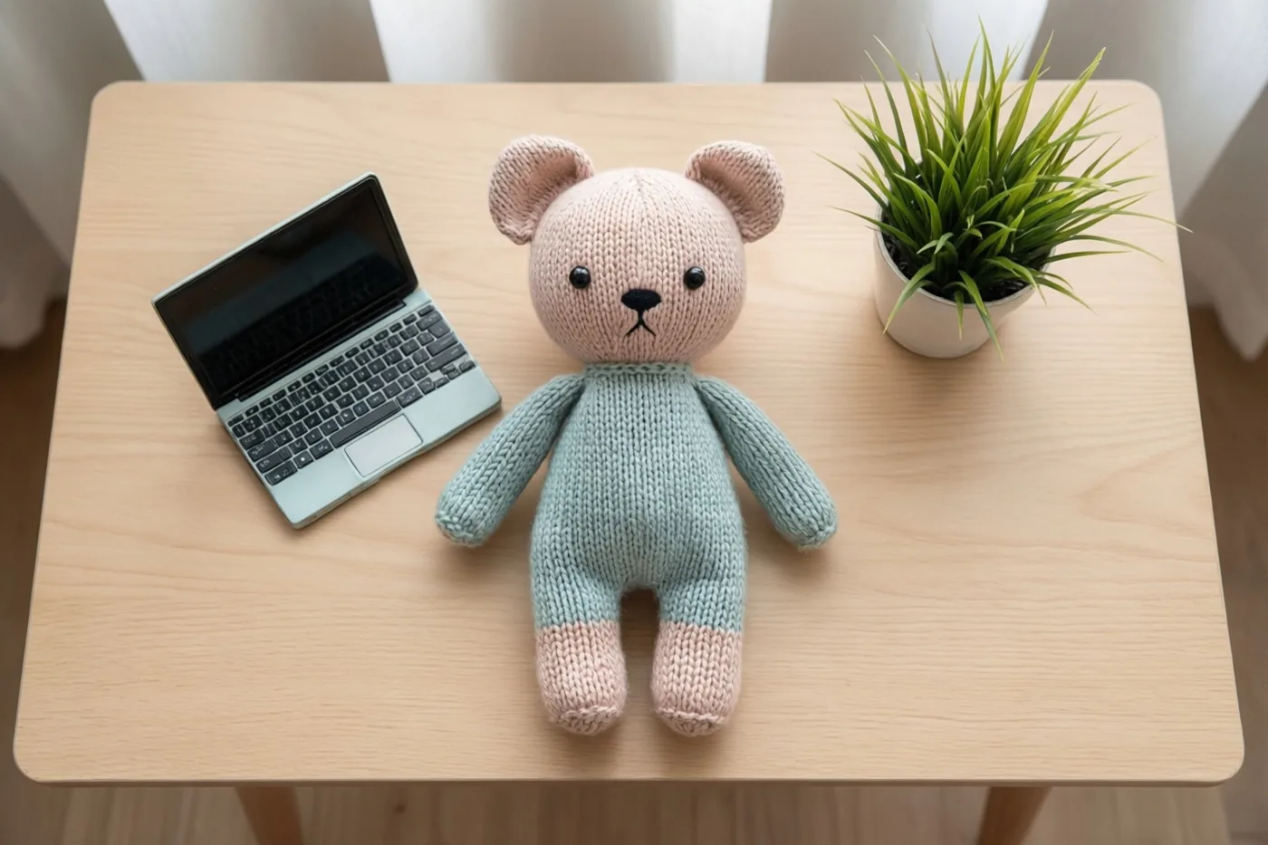 Een gebreide teddybeer zit op een licht houten bureau naast een kleine laptop en een groene plant in een pot.