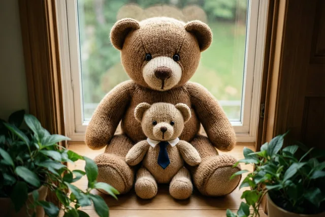 Een grote en een kleine gebreide teddybeer zitten op een houten vensterbank tussen groene potplanten, het kleintje met een dasje, met een wazige tuin op de achtergrond.