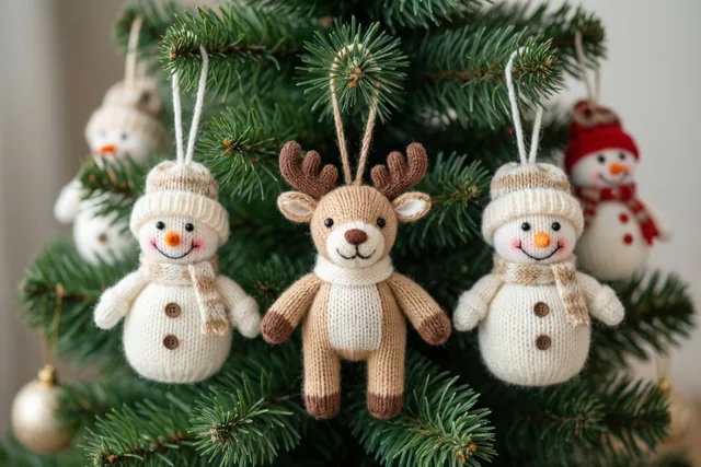 Gebreide miniatuurrendieren en sneeuwmannetjes hangen aan de takken van een kleine kerstboom in groene, crèmekleurige en bruine tinten.
