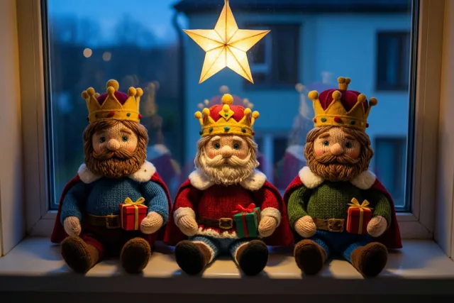 Drie gebreide koningen met vilten kronen en kleine geschenken zitten op een vensterbank onder een lichtgevende papieren ster, met blauwe schemering buiten en warm licht binnen.