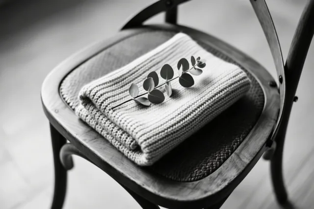 Een opgevouwen handgebreide sjaal met een takje eucalyptus ligt op de zitting van een houten stoel in een monochroom beeld.
