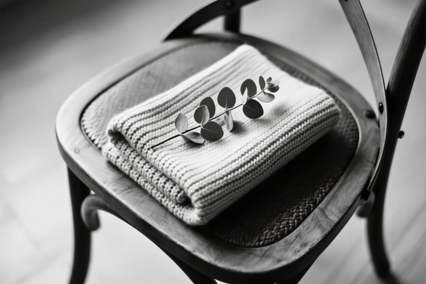 Een opgevouwen handgebreide sjaal met een takje eucalyptus ligt op de zitting van een houten stoel in een monochroom beeld.