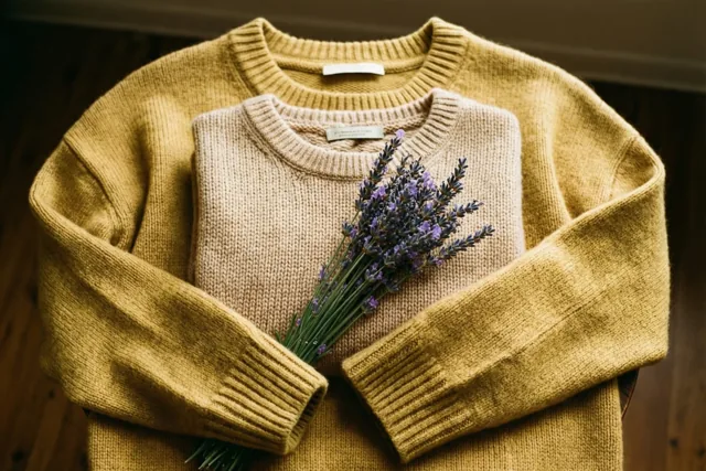 Een grote mosterdgele en een kleinere beige gebreide trui liggen samen opgevouwen op een houten ondergrond, met een takje lavendel in zacht, warm licht.