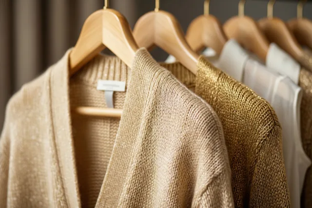 Een rij gebreide vesten hangt op houten kleerhangers, met een beige vest scherp in beeld en een goudkleurig vest ernaast, in warm zacht licht.