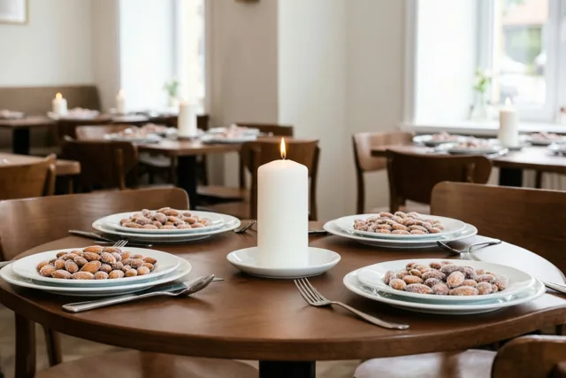 In een warm verlicht café staan houten tafels gedekt voor een doopmaaltijd, elk met een witte kaars en borden met suikeramandelen, in zacht daglicht.