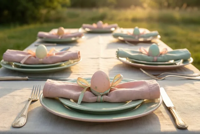 Een tafel in een grasveld is gedekt met borden, bestek en opgerolde linnen servetten die met linten rond beschilderde eieren zijn gebonden, in warm zonlicht en tinten pastelroze, mintgroen en crème.