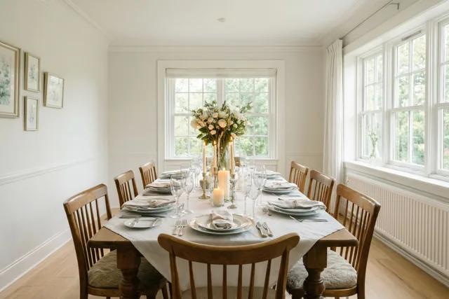 Een lange houten eettafel is gedekt voor acht personen met witte borden, gevouwen servetten, glazen, een bloemstuk en brandende kaarsen in een lichte kamer met witte muren, houten stoelen en grote ramen.