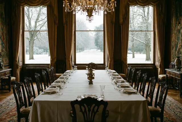 Een lange tafel met wit linnen is gedekt voor een formeel diner in een statige landhuiskamer, met zicht door grote ramen op een besneeuwd park met kale bomen onder een grauwe winterhemel.