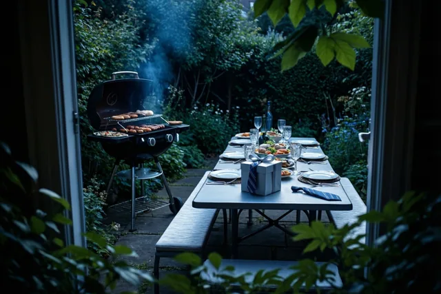 Door een open deuropening is een lange gedekte tuintafel te zien met een cadeau met blauw-witgestreept lint en een barbecue waarop eten gaart, in blauwachtig avondlicht.