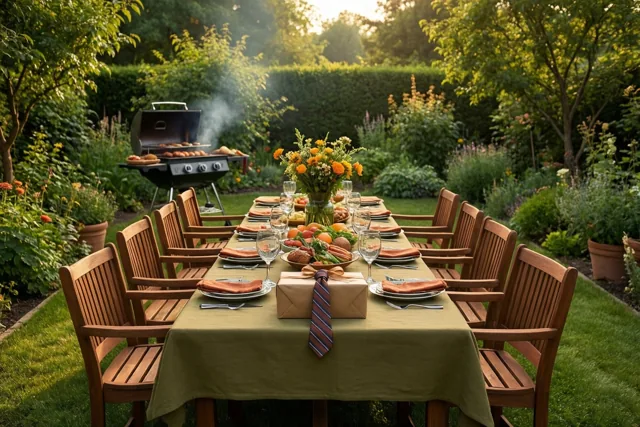 Een lange houten tafel met borden, glazen en een bloemstuk staat in een groene tuin in goudkleurig licht, met een rokende barbecue op de achtergrond.