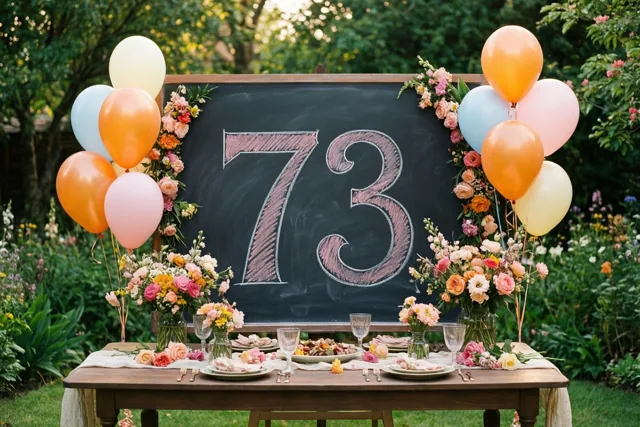 Een houten tuintafel is gedekt met borden, glazen en bloemen, met daarachter een krijtbord met 73 in roze krijt en pastelballonnen rondom.