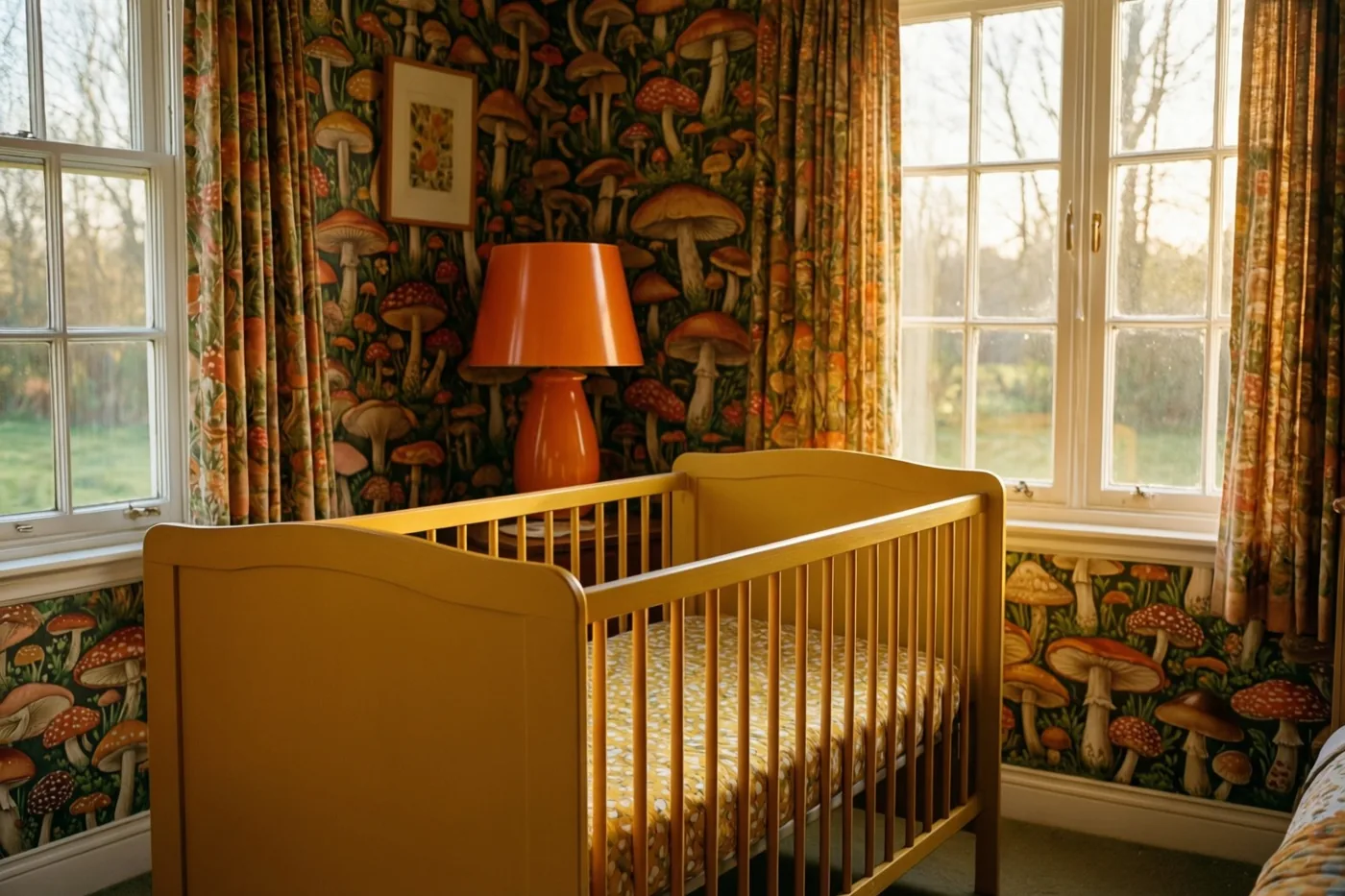 Een mosterdgeel houten babybed staat in een kamer met paddenstoelenbehang, een oranje lamp en gordijnen met een patroon, verlicht door daglicht uit de ramen.