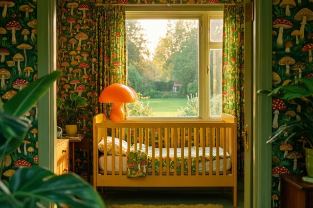 Een mosterdgeel babybed staat in een kamer met paddenstoelenbehang en een oranje paddenstoellamp op een tafeltje, met zonlicht door een raam dat uitkijkt op een groene tuin.