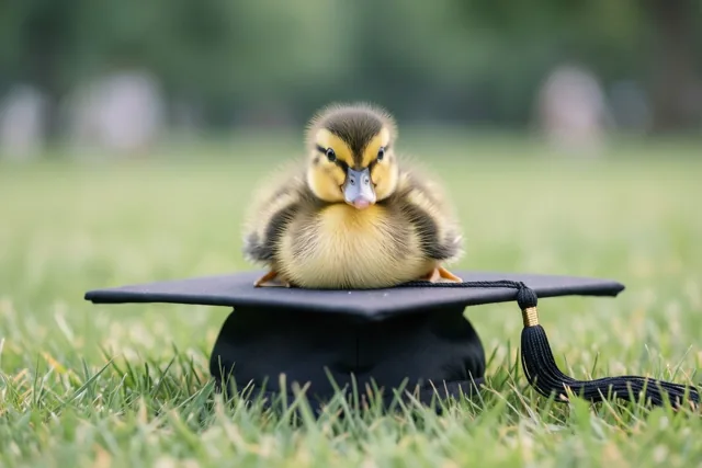 Een pluizig geel eendje met zwarte aftekeningen zit op een zwarte afstudeerhoed in groen gras.