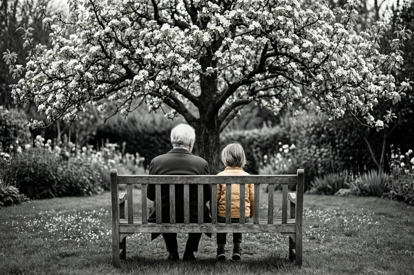 Een oudere persoon en een kind zitten van achteren gezien op een houten bank onder een bloeiende boom, in een grotendeels monochroom beeld met alleen het kinderjasje in geel.