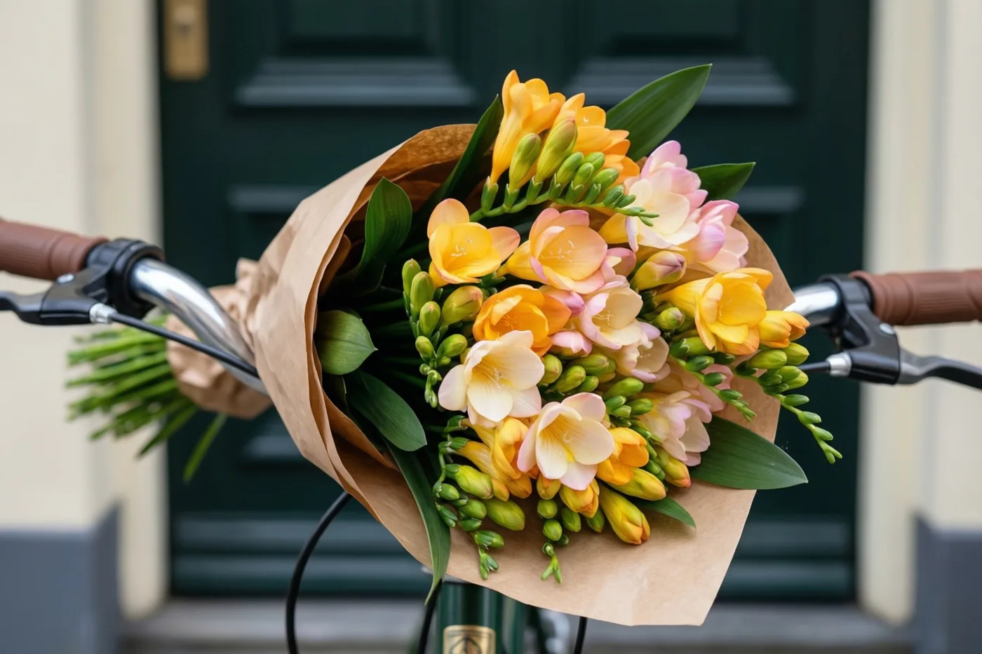 Een boeket gele en roze freesia's in bruin kraftpapier hangt aan een fietsstuur voor een donkergroene deur.