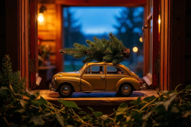 Kerst met een geel retroautootje