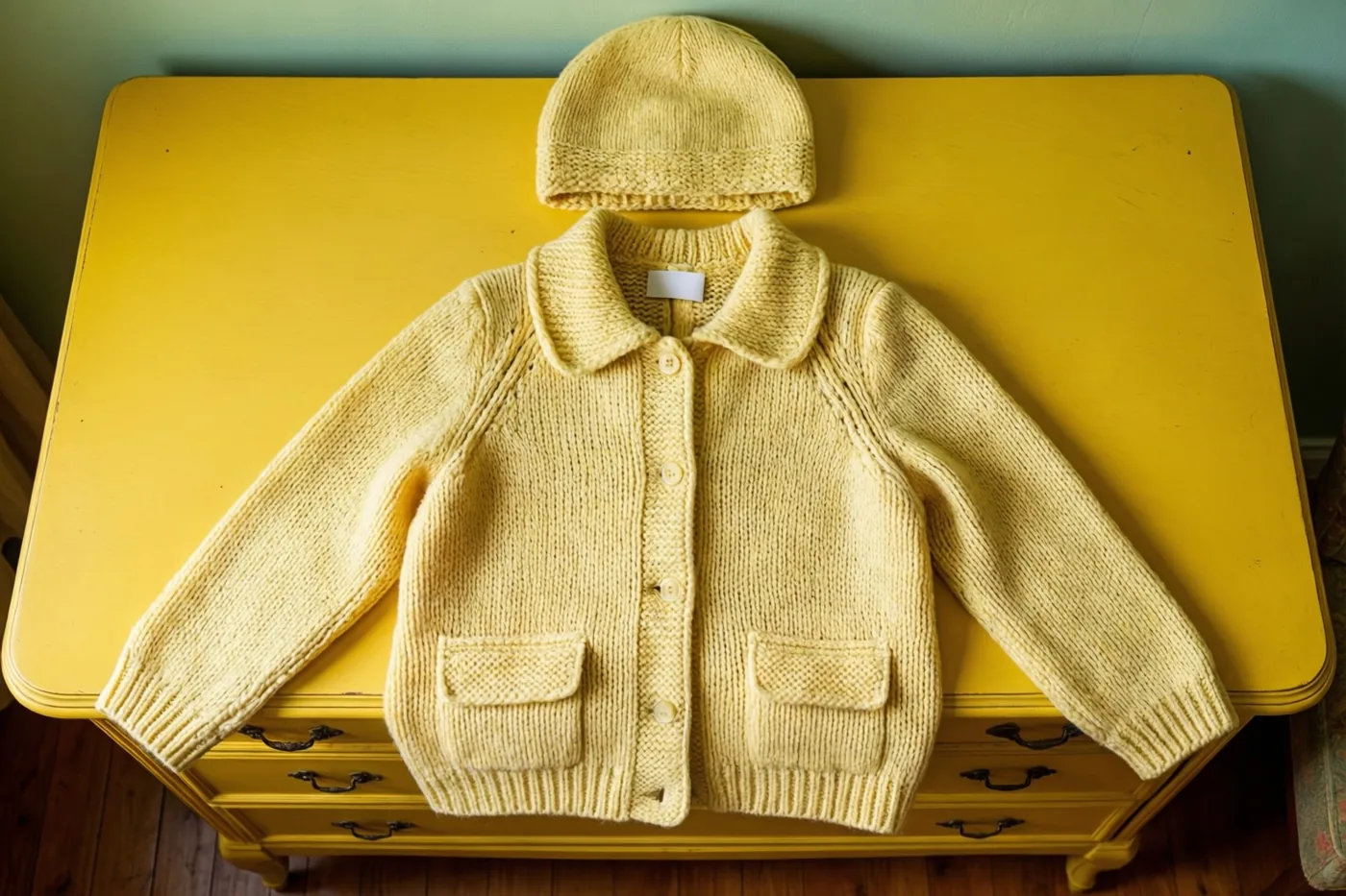 Een lichtgeel gebreid babyvestje met bijpassend mutsje ligt op een gele ladekast uit de jaren vijftig met donkere metalen handgrepen, in een warm verlichte kamer met houten vloer.