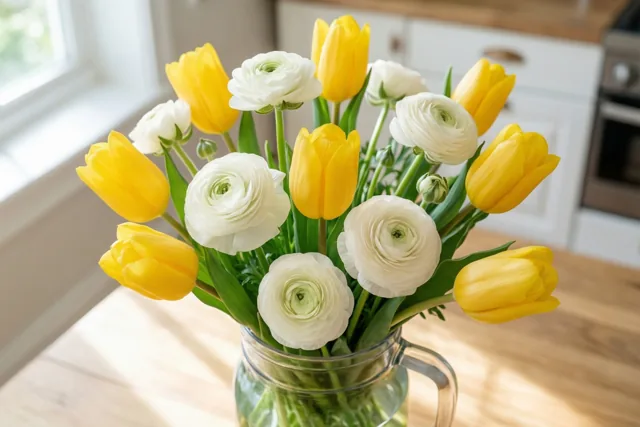 Een boeket gele tulpen en witte ranonkels staat in een glazen kan op een houten keukentafel, verlicht door zacht ochtendlicht uit een raam.