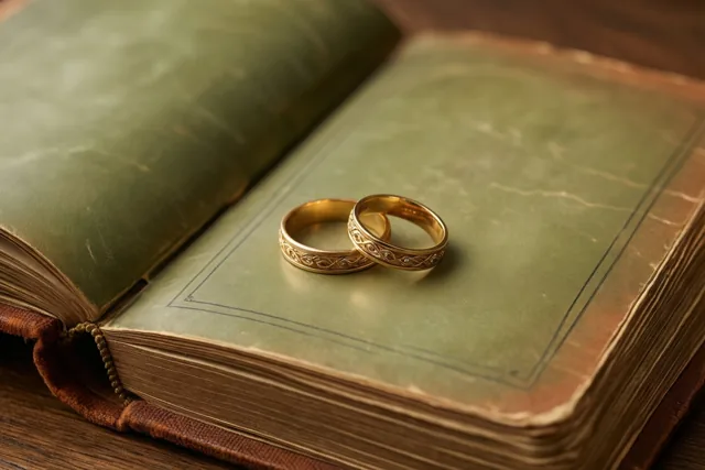 Twee gouden trouwringen met gegraveerde patronen liggen op de open bladzijden van een oud groen fotoalbum op een houten ondergrond in zacht warm licht.