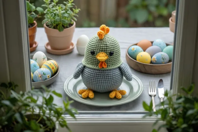 Een gehaakte eierwarmer in de vorm van een kuikentje bedekt een gekookt ei op een bord aan een ontbijttafel bij het raam, met schalen beschilderde paaseieren en potplanten eromheen.