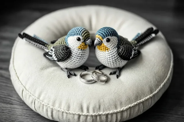 Twee kleine gehaakte dwergpapegaaien zitten tegenover elkaar op een ivoorkleurig ringkussen op donker hout, met twee zilveren trouwringen tussen hen.