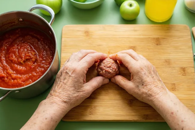 De handen van een oudere persoon vormen een gehaktballetje op een houten snijplank naast een pot tomatensaus op een groen werkblad, met appels en een glas sap op de achtergrond.