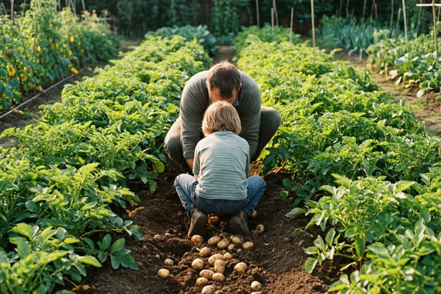Een vader en kind hurken van achteren gezien in een moestuin en graven samen aardappelen uit de bruine aarde tussen het groen.