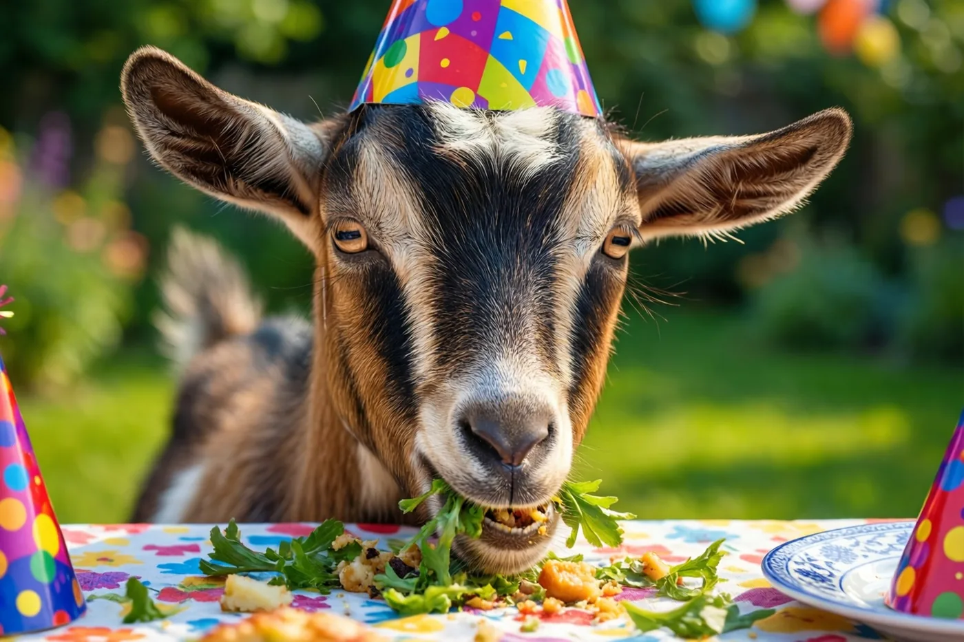 Een geit met een kleurrijk feesthoedje eet aan een tuintafel met een tafelkleed met een patroon, met groen gras en onscherpe gekleurde versiering op de achtergrond.
