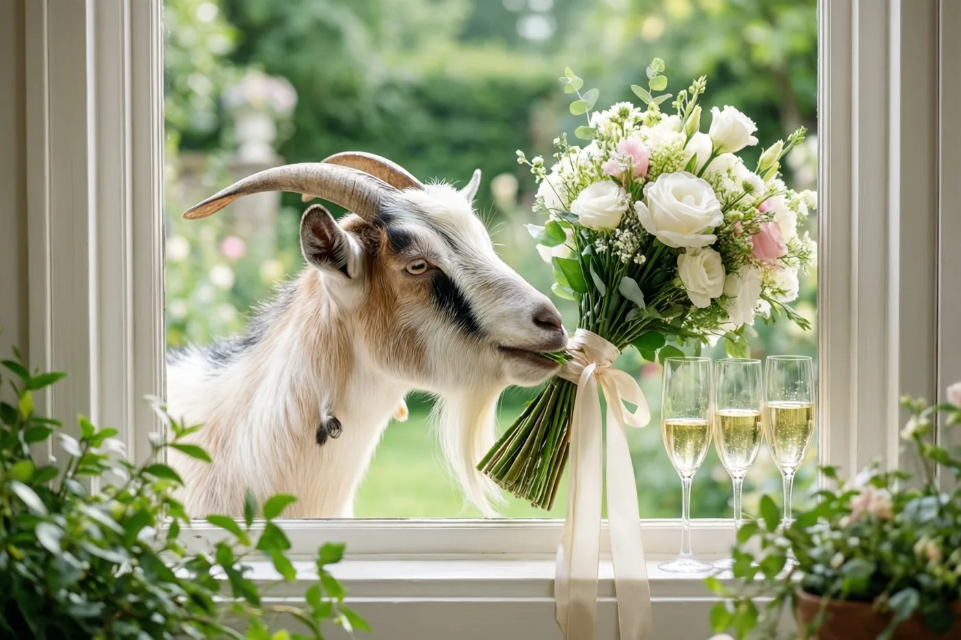 Een geit met gebogen hoorns knabbelt aan de stelen van een boeket witte en roze bloemen met een lint op een vensterbank, naast drie gevulde champagneglazen bij een groene tuin.