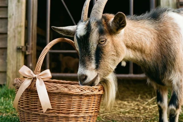Een geit met gebogen hoorns snuffelt aan een rieten mand met een beige strik bij een houten boerderijhek.