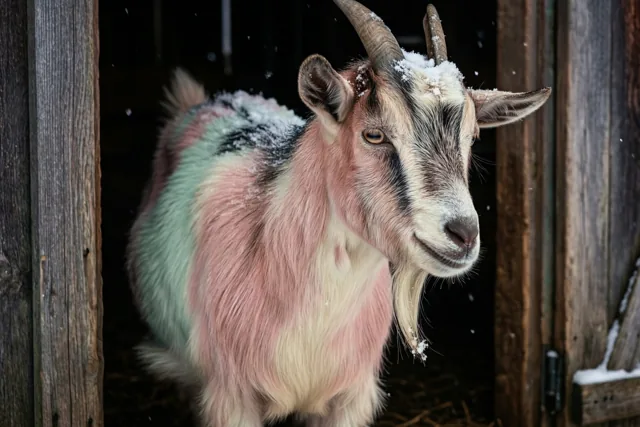 Een geit met sneeuw op de rug staat in de deuropening van een houten schuurtje, in een beeld met roze, blauwgroene, witte en bruine tinten.