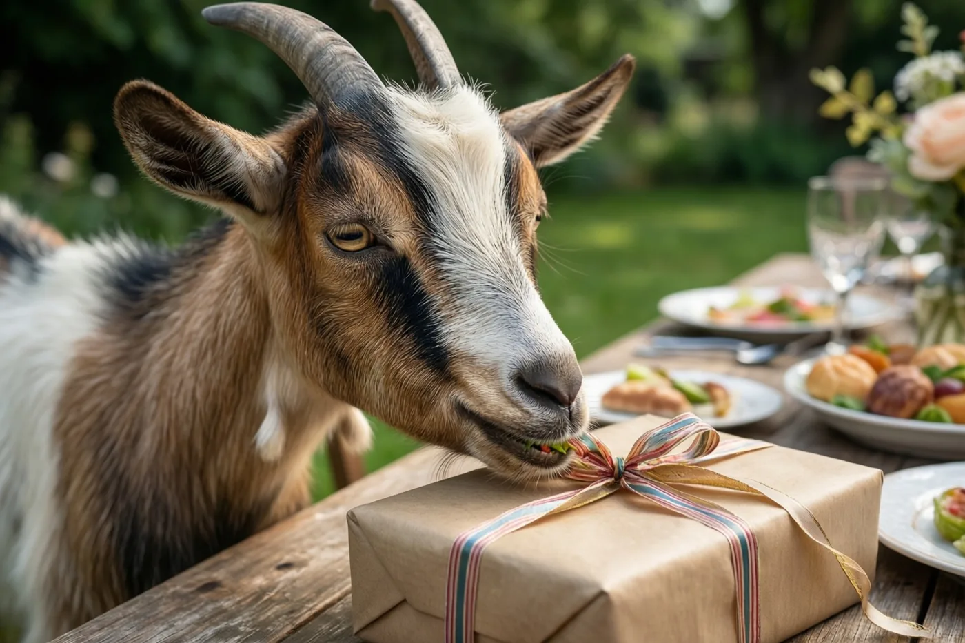 Een geit met gebogen hoorns knabbelt aan het lint van een cadeau in bruin papier op een houten tuintafel, met borden eten en groen op de achtergrond.