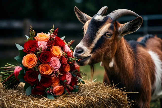 Een geit met gebogen hoorns knabbelt aan een bruidsboeket met rode, oranje en roze rozen op een hooibaal, buiten op een boerderij met een onscherpe achtergrond.