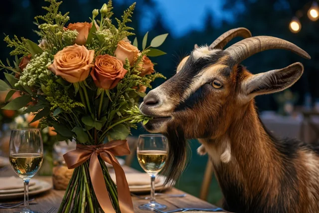 Een geit met gebogen hoorns knabbelt aan groen uit een boeket oranje rozen met een bruin lint op een houten tafel met wijnglazen, met lichtslingers in de schemering.