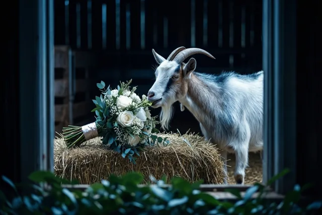 Een geit met gebogen hoorns knabbelt aan een bruidsboeket van witte rozen en groen op een hooibaal in een schuur met koele blauwe verlichting.