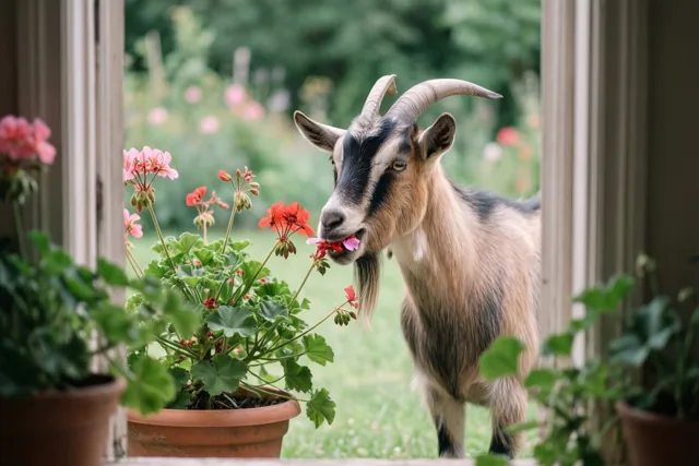 Een geit met gebogen horens staat in een tuin met rode en roze bloemblaadjes in haar bek naast een aangevreten geranium in een pot, gezien door een raam.