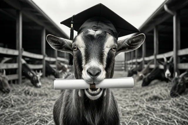 Op een zwart-witfoto staat een geit met een afstudeerhoed en een opgerold diploma in haar bek op een boerenerf, met andere geiten op de achtergrond.