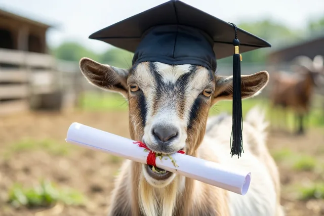 Een geit met een afstudeerhoed staat op een boerenerf met een opgerold diploma in haar bek en groene begroeiing op de achtergrond.