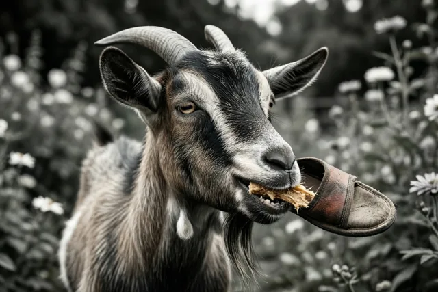 Een geit met gebogen hoorns houdt in een tuin een kapotgekauwde pantoffel in haar bek, waarbij alleen de pantoffel kleur heeft in het zwart-witbeeld.