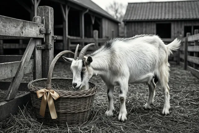 Een geit met gebogen hoorns snuffelt aan een rieten mand bij een houten boerderijhek, met houten gebouwen op de achtergrond en alleen de gouden strik in kleur.