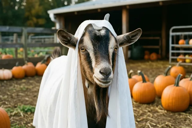 Een geit onder een wit spooklaken staat tussen pompoenen op een erf met een schuur op de achtergrond, in aardse herfstkleuren.