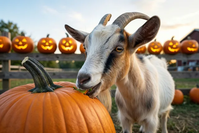 Een geit met gebogen hoorns knabbelt aan de rand van een grote oranje pompoen voor een houten hek, met lichtgevende uitgesneden pompoenen en een schuur op de achtergrond in de schemering.