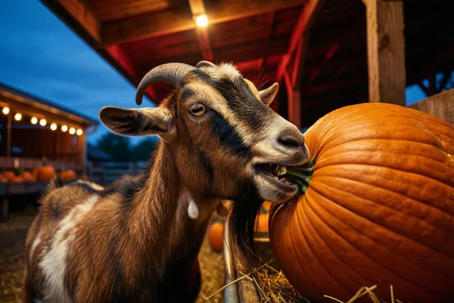 Een geit met gebogen horens bijt bij schemering in een grote oranje pompoen aan een boerderijkraam met lichtslingers, houten constructies en hooi.