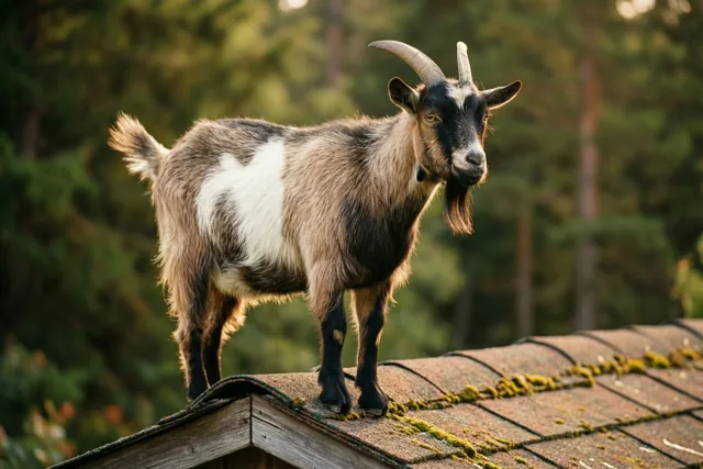 Een geit met gebogen hoorns staat op het bemoste dak van een tuinhuis in warm goudkleurig licht, met een wazig bos op de achtergrond.